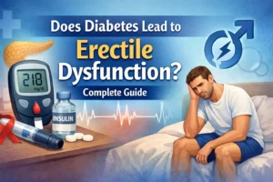 Diagram showing how diabetes causes erectile dysfunction through nerve and blood vessel damage