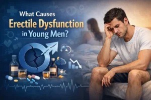 Young man sitting on bed looking worried, representing erectile dysfunction in young men
