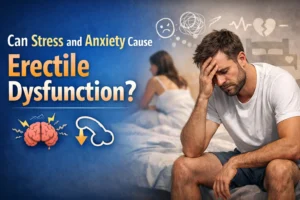 A man sitting alone, looking stressed and worried, showing how stress and anxiety cause erectile dysfunction