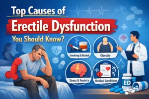 Top causes of erectile dysfunction including stress, obesity, smoking, and medical conditions in men